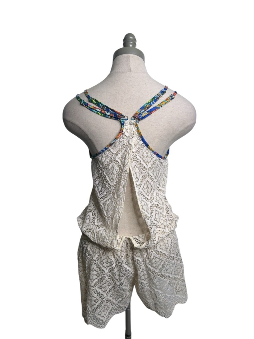 MAAJI Cream Crochet Lace Swim Coverup Romper with Strappy Colorful Trim Medium - Picture 4 of 8